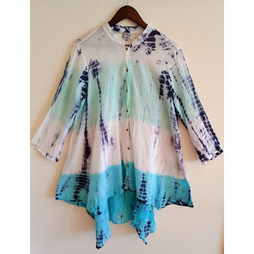 MindSet by XCVI Tie Dye Cotton Gauze Tunic Top Blue Green Large Arsty Lagenlook